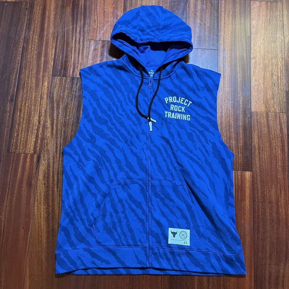 Under Armour Project Rock Sleeveless Hoodie Mens XL Blue Tiger Stripe Workout